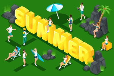 İsometry yaz, Genç insanlar, Doğa, bahar tatili, güneşlenme, kızlar ve Erkekler Atkılar gençler mektuplar. Parlak yaz konsepti