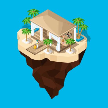 İsometry harika bir ada, çizgi film, bir bavul bir kızla otele bir oyun manzara gidiyor. Sıcak ülkelerde tatil