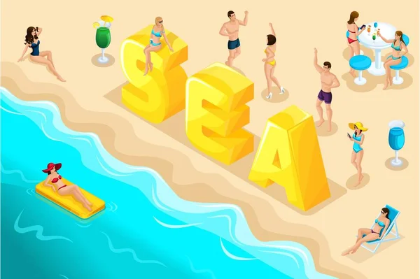 アイソメ図旅行、休息、夏の人々、水着の女の子、男性で水泳パンツ、砂、海、ビーチ、大きな文字、銘刻文字フォント set3 — ストックベクタ