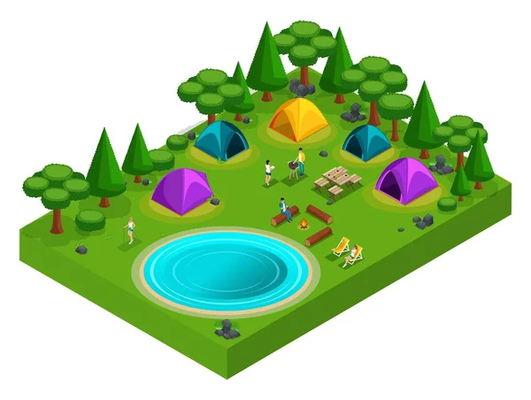 Isometric forest glade for camping, young people on vacation, bbq, shish kebab, fire, lake, Scandinavian walk, fishing. Summer holidays in the forest — Stock Vector