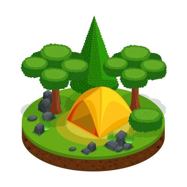 Isometric camping, outdoor recreation, tent, landscape for video games, beautiful design. Forest Stones Nature Freedom