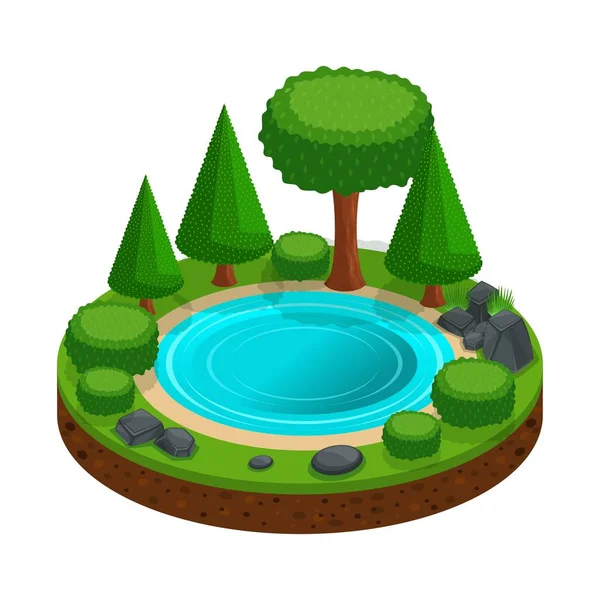 Isla isométrica con un pequeño lago forestal, árboles, paisaje para crear juegos gráficos. Base colorida para acampar — Vector de stock