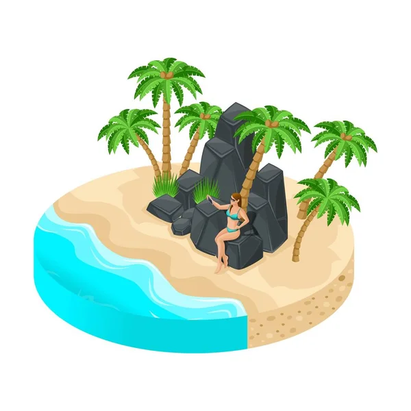 Île isométrique avec de beaux paysages, mer, plage, sable, palmiers, la fille en vacances se trouve sur des rochers de pierre, fait des selfies — Image vectorielle