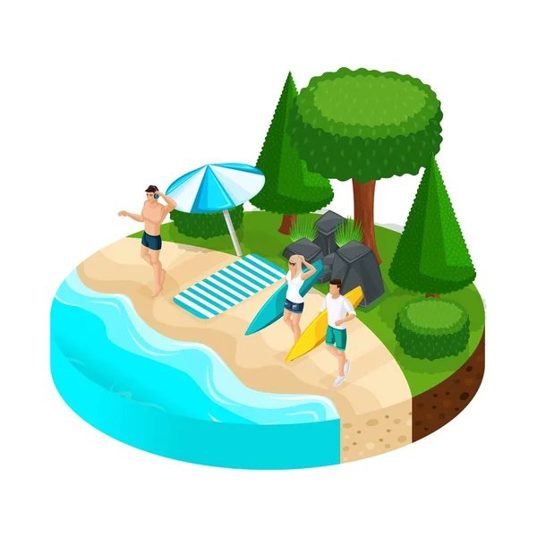 Isométricas personas de vacaciones en la isla en la playa, piedras, árboles, río, lago, mar, playa, surf. Camping, recreación al aire libre — Vector de stock