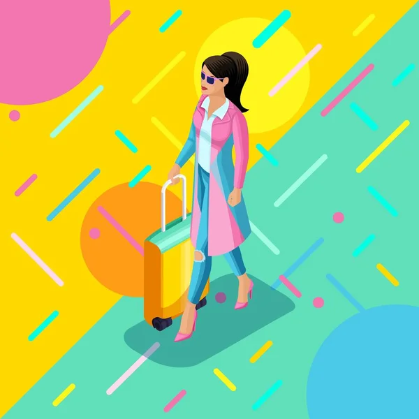 Isométrica Uma menina em uma capa de chuva brilhante, com um penteado exuberante, uma mala, uma viagem, uma viagem, um fundo brilhante na moda, elegante, cores ásperas —  Vetores de Stock