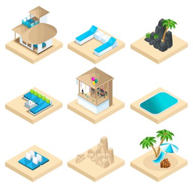 Sahilde bir sıcak ülke, tatil, seyahat, deniz, kum, turizm rekreasyon isometry kümesi. Tatilinizi oluşturmak için simgeler büyük bir set