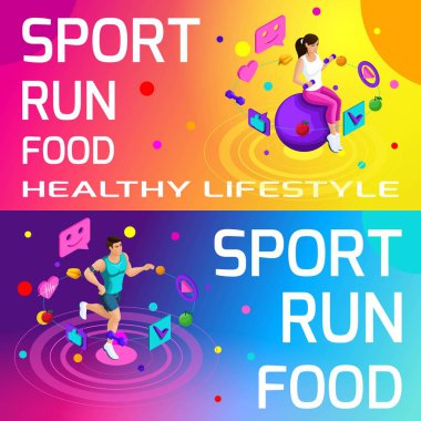 İsometry parlak renkli spor, sağlıklı beslenme, sağlıklı yaşam konulu afiş. Çalışan, spor, vücut güzellik ve spor anlamaya set5