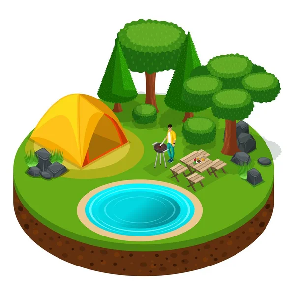 Isometric camping, man cooking steaks bbq, outdoor recreation, nature, lake, forest, tent, dinner with friends