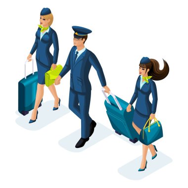 Çalışan uluslararası havayolları, hostes, hava kurulu, pilot, uçağın kaptanı izometrik grubu. Uçak seyahat için