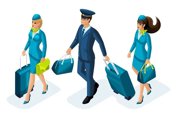 Groupe isométrique d'employés de compagnies aériennes internationales, d'agents de bord, de pilotes, de capitaines d'aéronefs. Avion de voyage — Image vectorielle