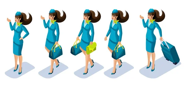 Isometrie stewardess meisje op het werk, een meisje in een pak met een uniforme, dragende dingen, Bagage, een koffer, mooie kleren. Luchthaven, internationale luchtvaartmaatschappijen — Stockvector