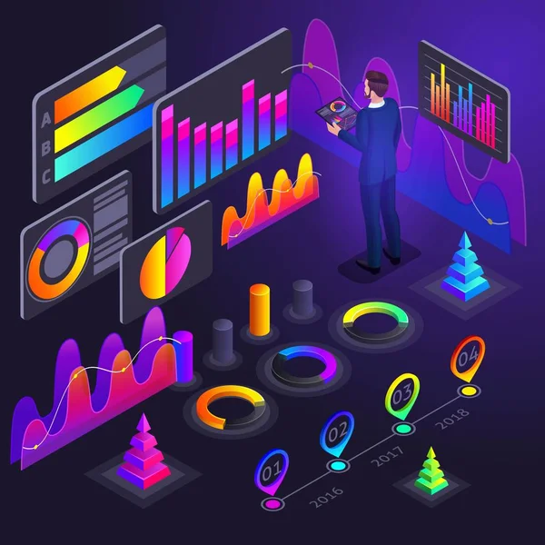 Egybevágósági transzformáció üzletemberek, üzletemberek holografikus fényes színes grafika, nyereség mutatók, bevétel növekedés analytics, jelentések, diagramok, pénzügy, pénz, növekedési — Stock Vector