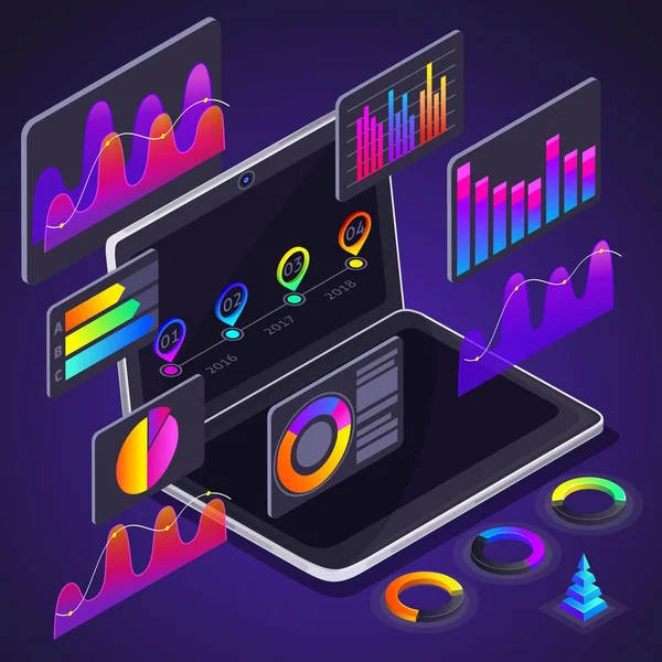 Egybevágósági transzformáció diagramok laptop képernyő, holografikus színes grafikonok, nyereség mutatók, elemzés, analytics, a bevételek növekedése, jelentések, pénz, a crypto ingadozása — Stock Vector