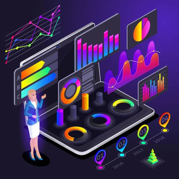 Az Egybevágósági transzformáció, egy üzleti hölgy jelzi holografikus fényes színes grafika, nyereség mutatók, brainstorming, bevétel növekedés analytics — Stock Vector