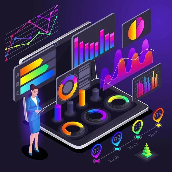 Az Egybevágósági transzformáció, egy üzleti hölgy jelzi holografikus fényes színes grafika, nyereség mutatók, brainstorming, bevétel növekedés analytics-szett 2 — Stock Vector