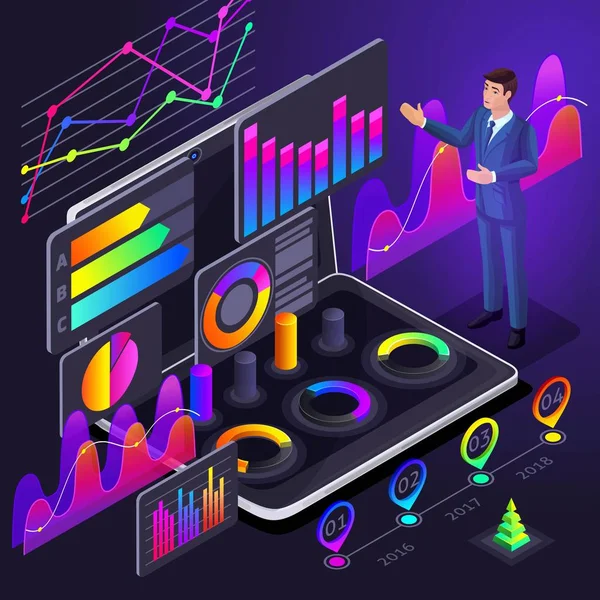 Izometrikus üzletemberek, üzletemberek mutasson a holografikus fényes színes grafikonok, nyereségre vonatkozó, brainstorming, bevétel növekedés analytics — Stock Vector