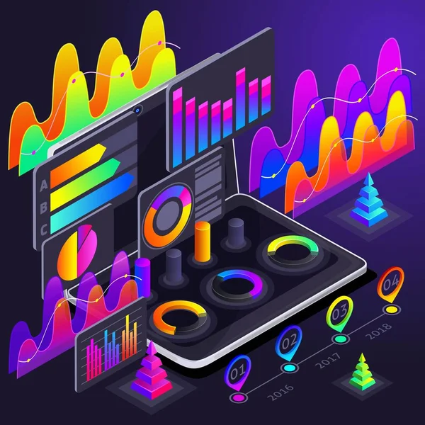 İzometrik holografik parlak renkli grafikleri, kar göstergeleri, gelir büyüme analytics, raporları, diyagramları, finans, para, büyüme — Stok Vektör