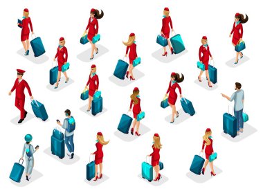 İsometry uluslararası havaalanında yolcu, hostes kız, pilotlar, insanlar alımı ayarlayın. İnsanlar acele ile bavul, önden görünüm arkadan görünüm