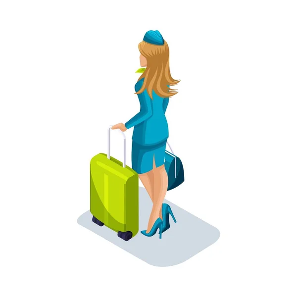 Isometric girl stewardess with things and suitcases is at the airport, waiting. Rear view, uniform shoes — Stock Vector