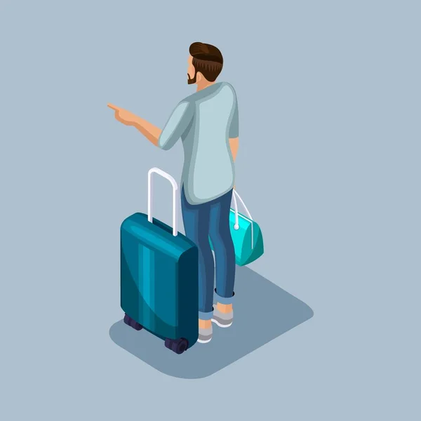 Um jovem isométrico no aeroporto está à espera de um voo com coisas e uma mala. Visão traseira —  Vetores de Stock