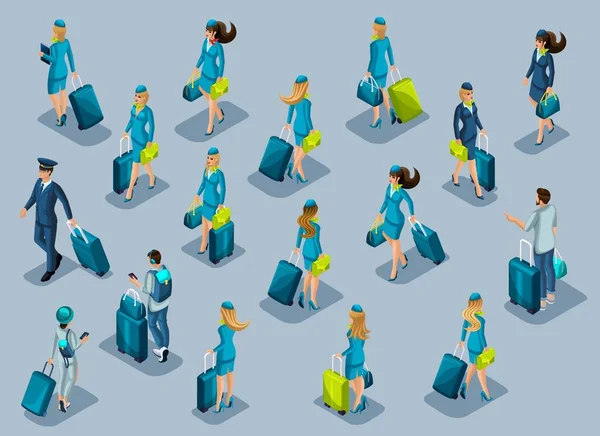 Isommation de passagers, d'agents de bord, de pilotes, recrutement de personnes à l'aéroport international. Les gens se dépêchent avec des valises, vue de face arrière — Image vectorielle