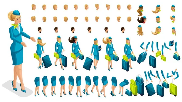 Isometry constructor stewardess, a large set of gestures of the legs, hands, hairstyles, emotions of the girl. Create your character in isometric, a set of accessories and suitcases set 5 — Stock Vector