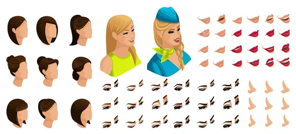 Isometrie van de stewardess meisje met een reeks van emoties voor de oprichting van haar karakter. Een groot aantal van de haren, ogen, lippen, neus. Schoonheid Facial Designer set 3 — Stockvector