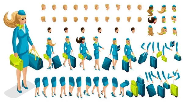 Isometry constructor stewardess, a large set of gestures of the legs, hands, hairstyles, emotions of the girl. Create your character in isometric, a set — Stock Vector