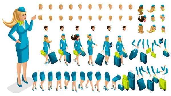 Isometry constructor stewardess, a large set of gestures of the legs, hands, hairstyles, emotions of the girl. Create your character in isometric, a set of accessories and suitcases set 7 — Stock Vector