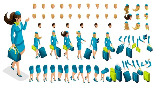 Isometry constructor stewardess, a large set of gestures of the legs, hands, hairstyles, emotions of the girl. Create your character in isometric, a set of accessories and suitcases set 6 — Stock Vector