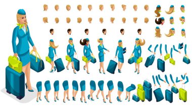 İsometry Oluşturucu hostes, bacaklar, eller, saç modelleri, duygular kızın hareketleri büyük bir set. İzometrik, aksesuarları bir dizi karakter oluşturmak bir