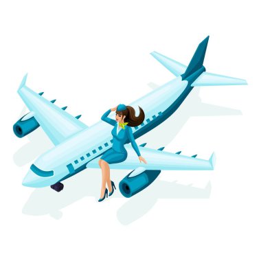 İzometrik hostes uçakta oturuyor. Güzel kız renkli elbise, Üniforma, makyaj, saç modeli. Bir kadın en sevdiğim çalışmasında küme2