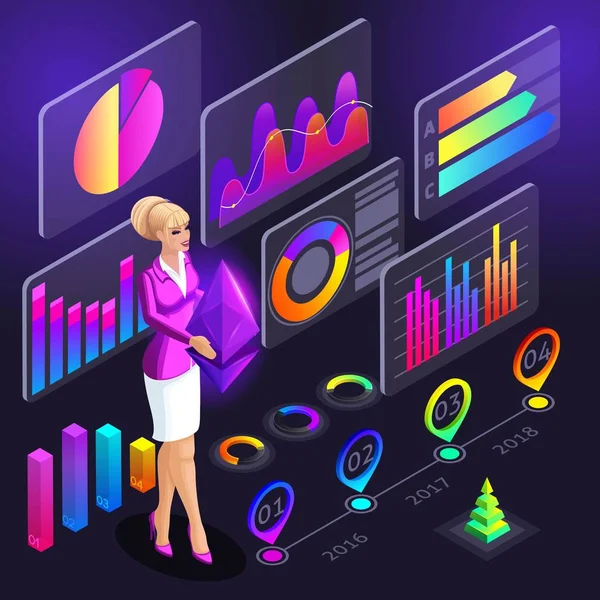 İsometry kız simgesi holografi cryptocurrency Ethereum tutarak. İş kadını renkli diyagramları, grafik, araştırma cryptocurrency, bir rapor bir arka plan üzerinde — Stok Vektör