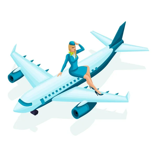 La azafata isométrica se sienta en el avión. Hermosa chica en ropa colorida, uniforme, maquillaje, peinado. Una mujer en su conjunto de trabajo favorito 3 — Vector de stock