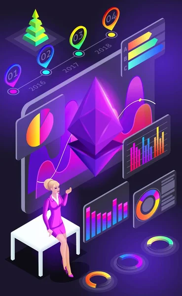 Vista isométrica da tela do smartphone, criptomoeda holográfica Ethereum. Senhora de negócios em um fundo de diagramas coloridos, gráficos, mineração criptomoeda, um relatório —  Vetores de Stock