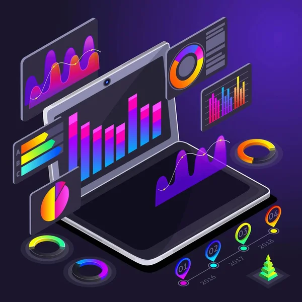 Egybevágósági transzformáció diagram a laptop képernyő, holografikus színes grafikonok, nyereség mutatók, elemzés, analitika, bevétel növekedést, jelentések, pénz-01 — Stock Vector