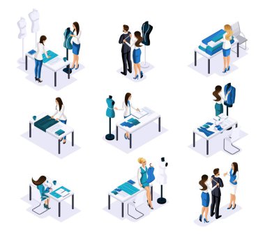 İzometrik terzi, mini kavramları bir atölyede bir terzi çalışmalarını kendi resmini bir dizi. Kendisi için kendi busn çalışan girişimci