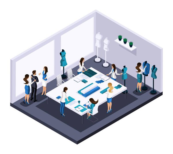 Изометрический ателье комнате процесс создания эскизов и пошива для высокой моды, вырезать. Предприниматель, работающий на себя, свой бизнес
