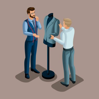 İzometrik terzi dikiş Atölyesi, kullanıma hazır bir ceket gösterilen bir istemci ile çalışma. Kendisi için kendi iş çalışan girişimci