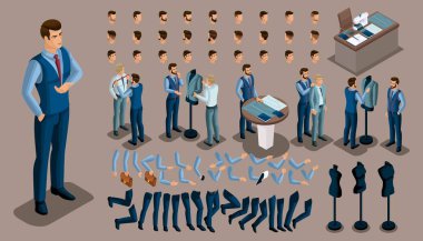 Isometric vintage background, a tailor man, a set of gestures of hands and feet, hairstyles, emotions to create your character. Set of tailors for sewing workshop set 4.