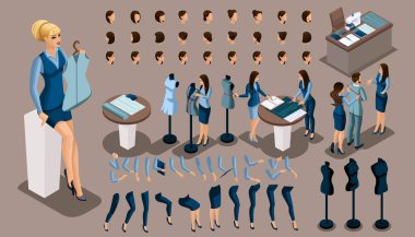 İsometry vintage bir terzi, jestleri eller ve ayaklar, saç modelleri, duygular karakter oluşturmak için bir dizi var. Set standart terzi dikiş Atölyesi 2