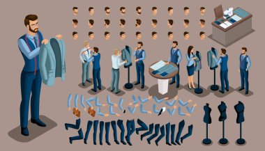 İzometrik antika arka plan, bir terzi adam, elleri ve ayakları, saç modelleri, duyguların hareketleri bir dizi karakter oluşturmak için. Terzi dikiş Atölyesi için küme