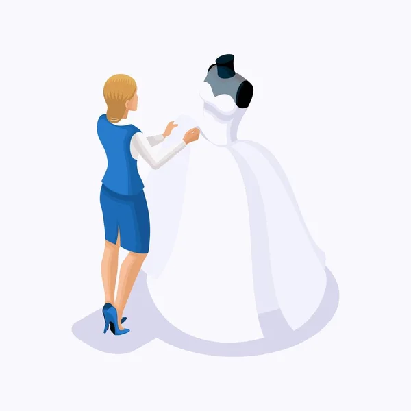 Isometric è un insieme di sarti che cuciono abiti da sposa, un cliente su un abito adatto. Cucire il miglior e lussuoso abito da sposa nel set atelier 2 — Vettoriale Stock