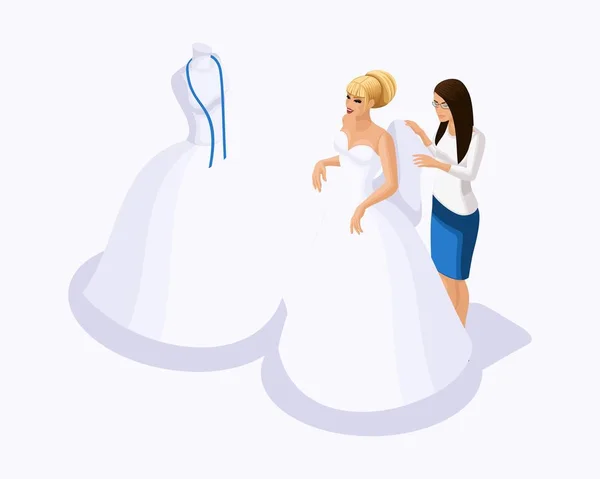 Isometrisk är en uppsättning skräddare sy bröllopsklänningar, en klient på en passande klänning. Sy den bästa och lyxig Brudklänningen i atelier set 4 — Stock vektor