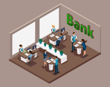 İzometrik office banka banka çalışanları müşterilere, krediler, kredi kartları, mevduat, banka hücreleri verilmesi hizmet sunmakta. E-hizmet