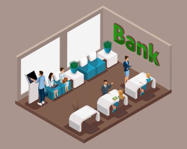 İzometrik ofis banka, banka çalışanları hizmet müşteriler, elektronik sıra, bekleme odası, banka müşteriler bir danışman ile iletişim kurmak için onların çevirmek bekliyor