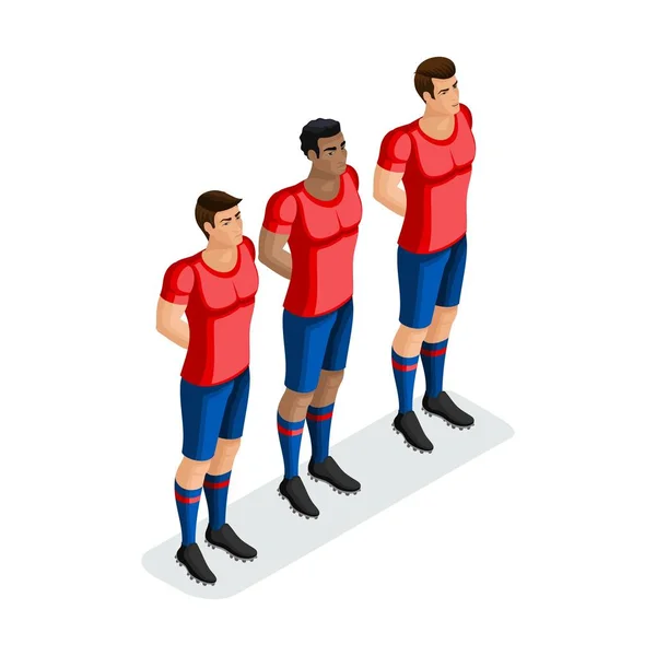 Destacan los jugadores isométricos de fútbol, hombres de diferentes razas en un solo equipo. Partido de fútbol, set 2 — Vector de stock