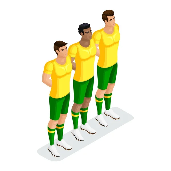 Isometrische spelers voetbal opvallen, mannen van verschillende in één team. Voetbalwedstrijd — Stockvector