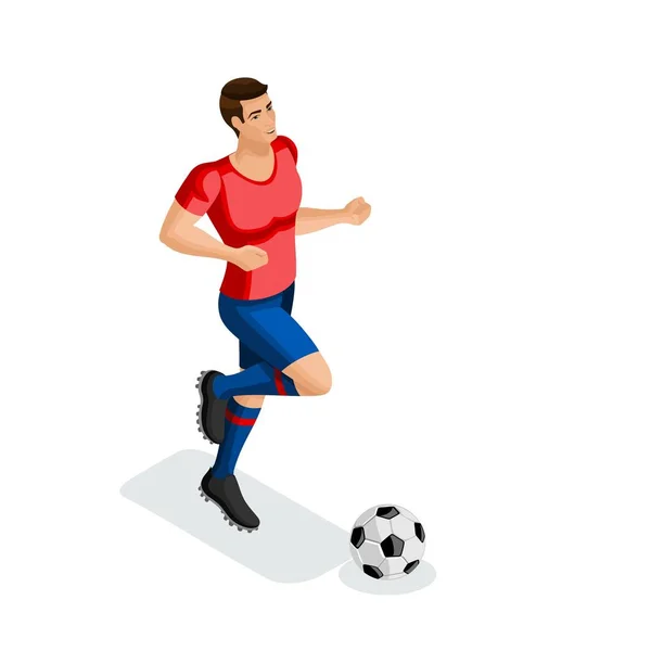 Isométrico um homem joga futebol, treinamento, corrida, bola, preparação para o jogo. Jogo de futebol — Vetor de Stock