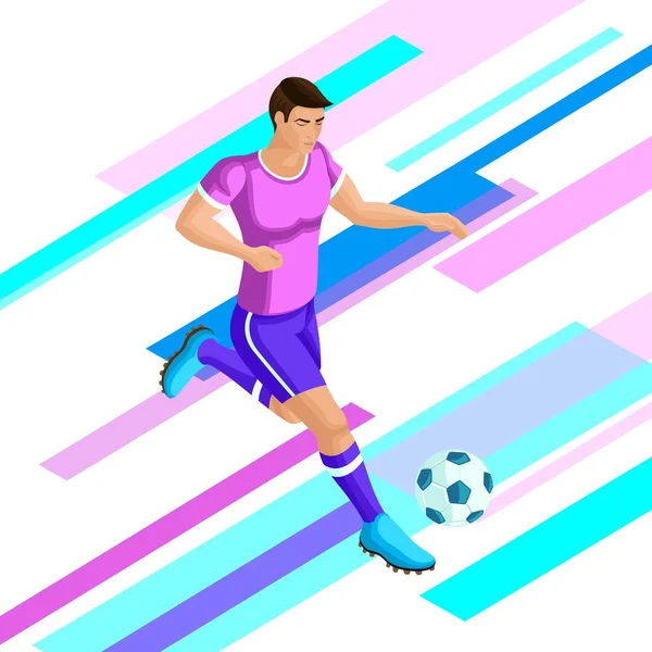 Isomrics Giocatore di calcio su uno sfondo luminoso di. Gioco di calcio colorato brillante illustrazione vettoriale. Concetto colorato del — Vettoriale Stock